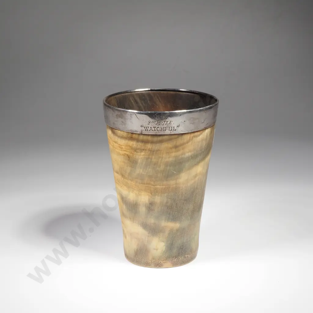 Antique 1879 Sterling Silver Rimmed Horn Tumbler Engraved "2nd Prize" "Watchful" Image 1++