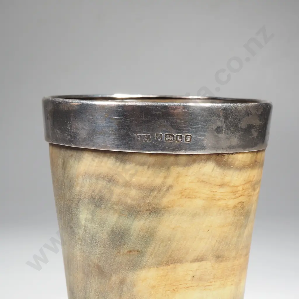 Antique 1879 Sterling Silver Rimmed Horn Tumbler Engraved "2nd Prize" "Watchful" Image 1++
