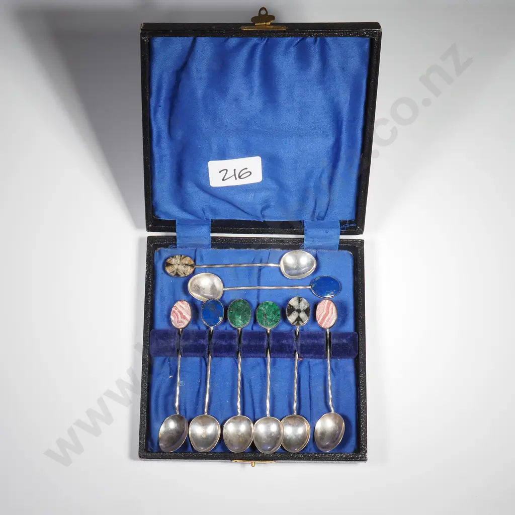 Antique Case Set of Eight Sterling Silver Coffee Spoons - Each Gem Set to Handle - Lapis / Agate Etc Image 1++