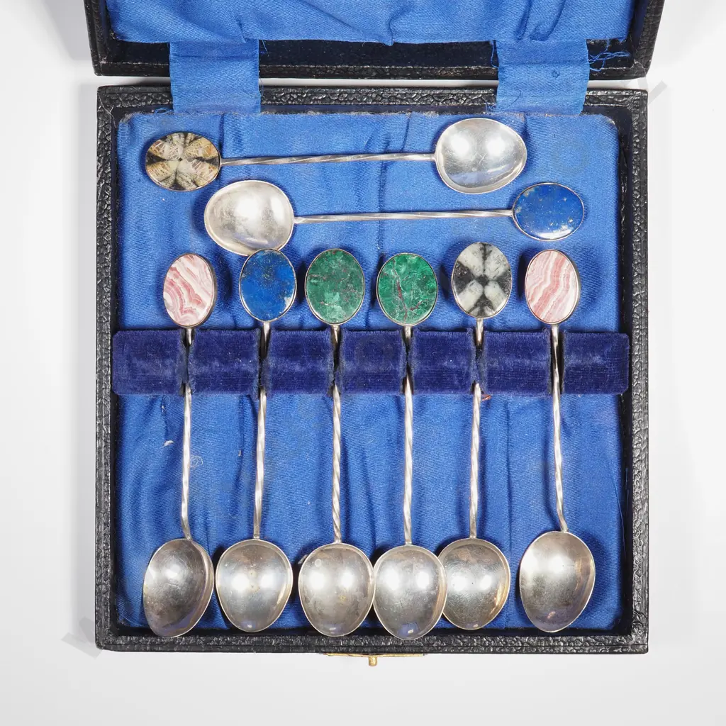 Antique Case Set of Eight Sterling Silver Coffee Spoons - Each Gem Set to Handle - Lapis / Agate Etc Image 1++