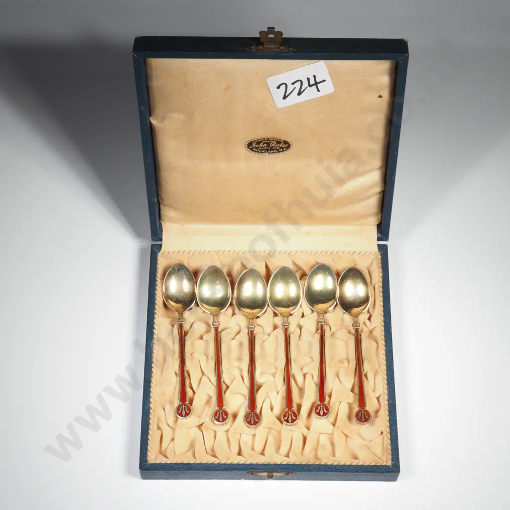 Vintage Enameled & Gilt Silver Demitasse Teaspoons in Case - Likely Scandinavian w John Bates Retailer Label Image 1++