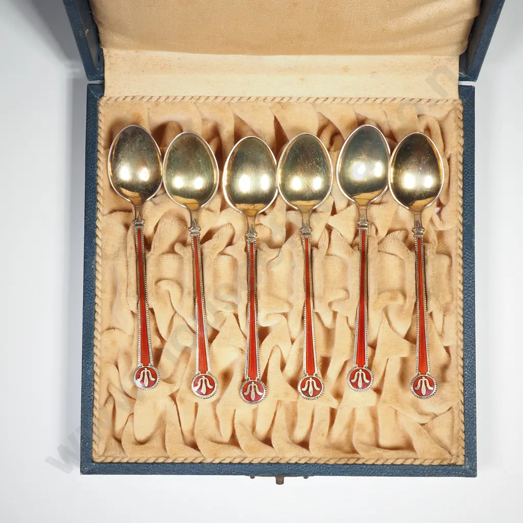 Vintage Enameled & Gilt Silver Demitasse Teaspoons in Case - Likely Scandinavian w John Bates Retailer Label Image 1++
