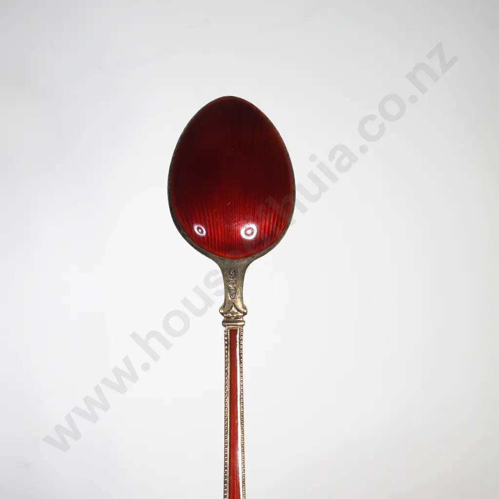 Vintage Enameled & Gilt Silver Demitasse Teaspoons in Case - Likely Scandinavian w John Bates Retailer Label Image 1++