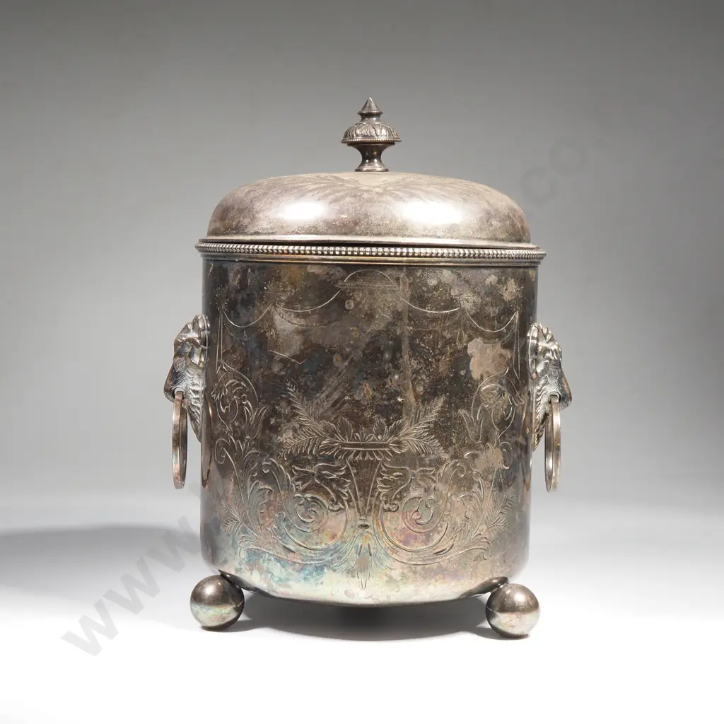 Antique S/P Ice Bucket W Rams Head Handles & Ball Feet Image 1++