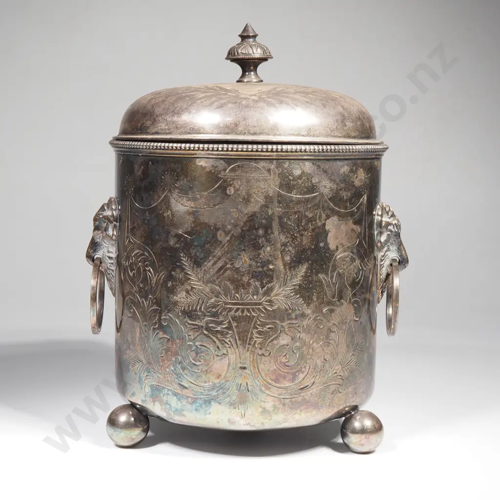 Antique S/P Ice Bucket W Rams Head Handles & Ball Feet Image 1++