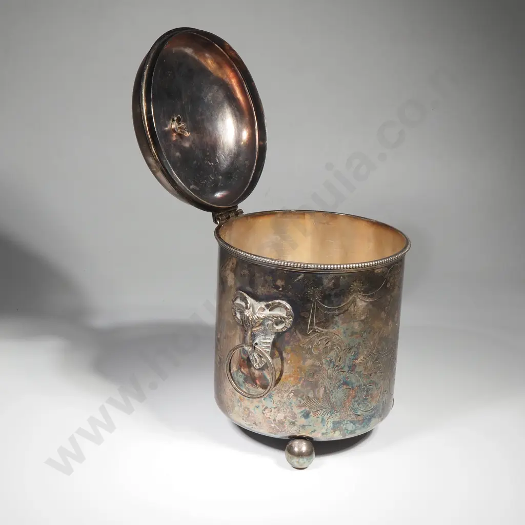Antique S/P Ice Bucket W Rams Head Handles & Ball Feet Image 1++