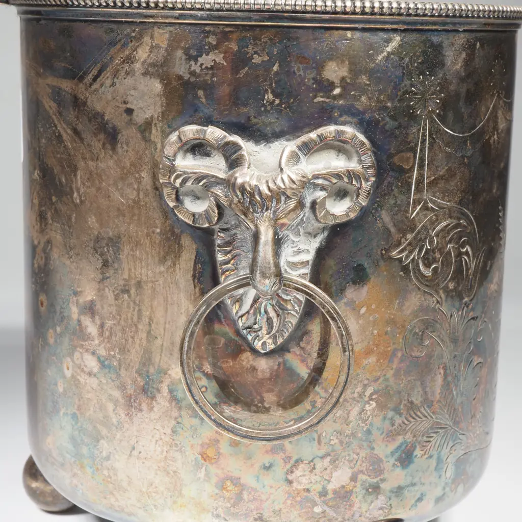 Antique S/P Ice Bucket W Rams Head Handles & Ball Feet Image 1++