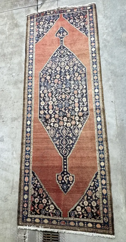 Vintage Persian Hand Knotted Runner w Indigo Central Medallion on a Terracotta Field Image 1++