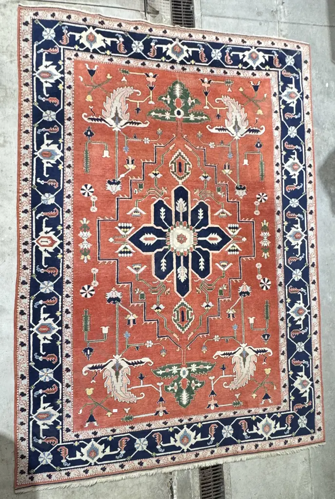 Vintage Persian Hand Knotted Rug w a Heriz Geometric Design on a Peach Ground  w Central Dark Blue Medallion & Border Image 1++