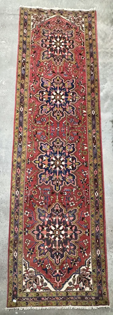 Persian  Runner Rug w Geometric Patterns on  a Terracotta Red Field w  Large Floral & Star Medallions in Blue & Pink Image 1++
