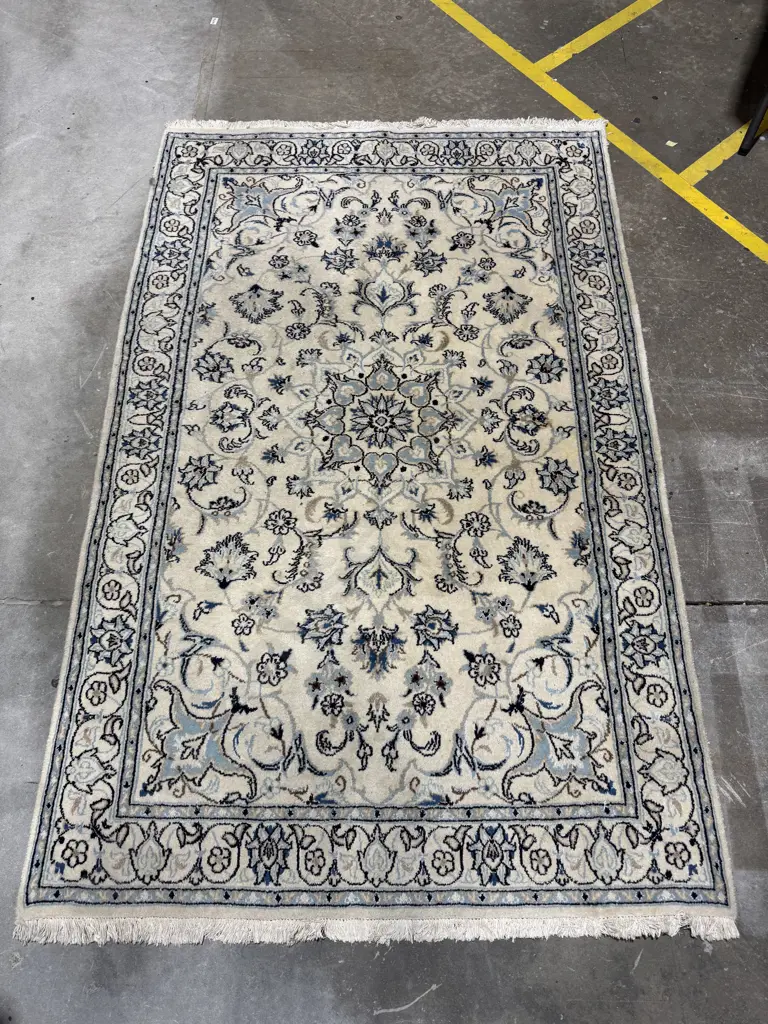 Vintage Persian Inlaid Silk Nain Rug in Tones of Cream, Duck Egg Blue & Sky Blue Image 1++