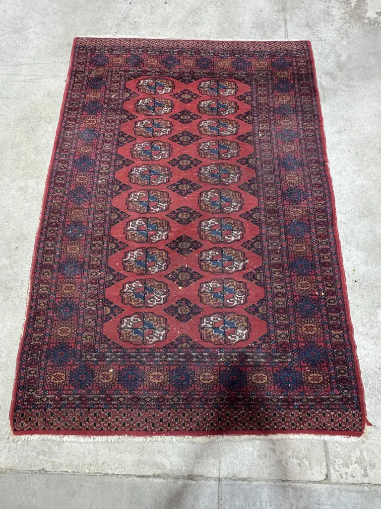 Vintage Turkmen Style Hand Knotted Bokhara Rug w Crimson Field & Repeating Geometric Guls w Blue Accents Image 1++