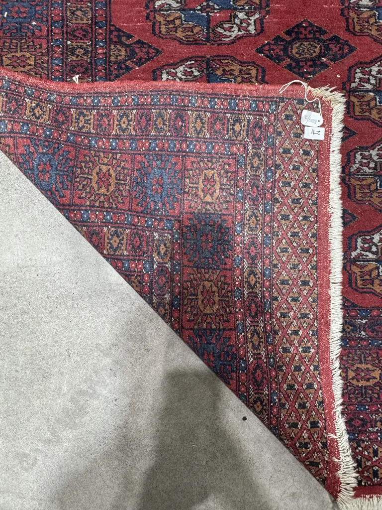 Vintage Turkmen Style Hand Knotted Bokhara Rug w Crimson Field & Repeating Geometric Guls w Blue Accents Image 1++