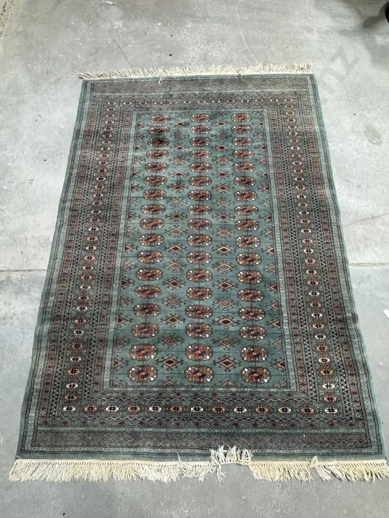 Hand Knotted Bokhara Rug  w Muted Turquoise  Ground &  Repeating Elephant's Foot/Gul Motifs Image 1++