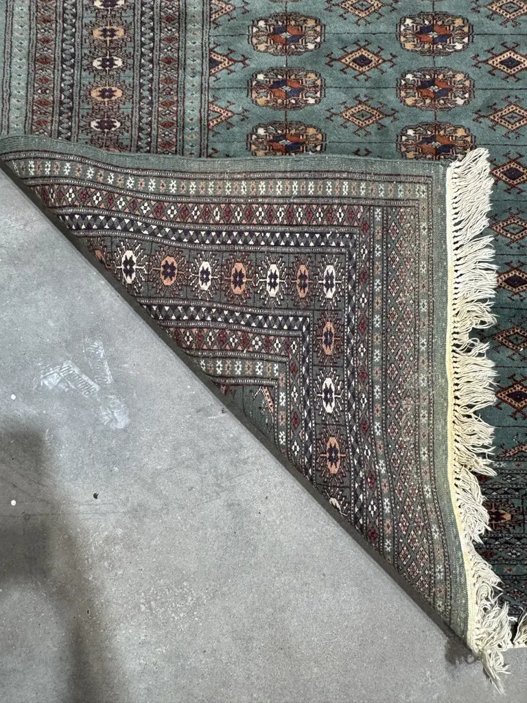 Hand Knotted Bokhara Rug  w Muted Turquoise  Ground &  Repeating Elephant's Foot/Gul Motifs Image 1++