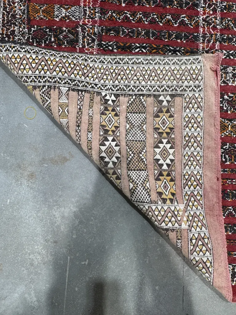 Handwoven Kilim Rug w Geometric Banding & Fringed Edge in Pastel Shades of Pink & Brown Image 1++
