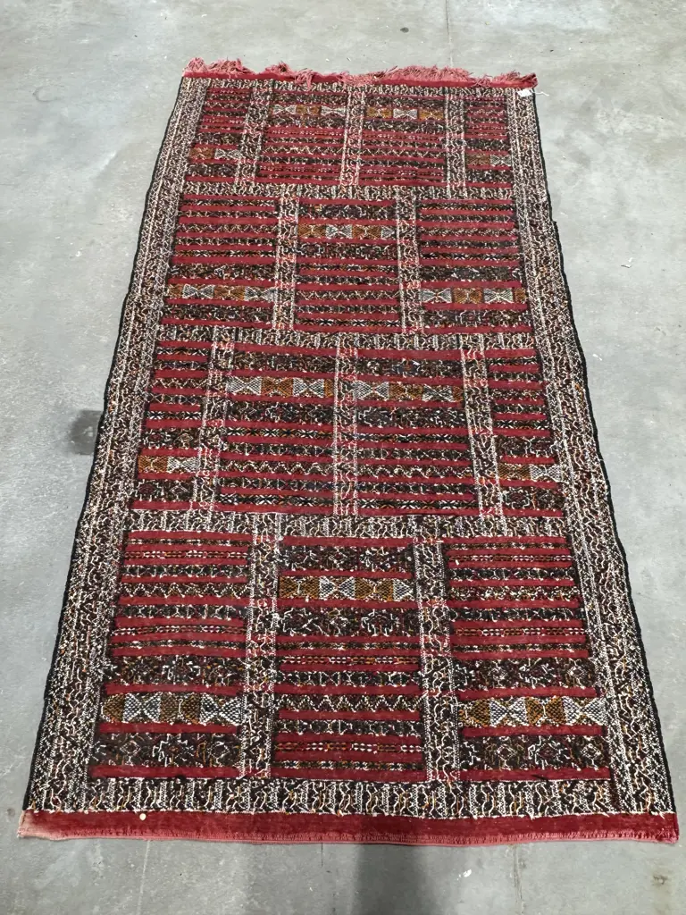 Handwoven Kilim Rug w Geometric Banding & Fringed Edge in Pastel Shades of Pink & Brown Image 1++