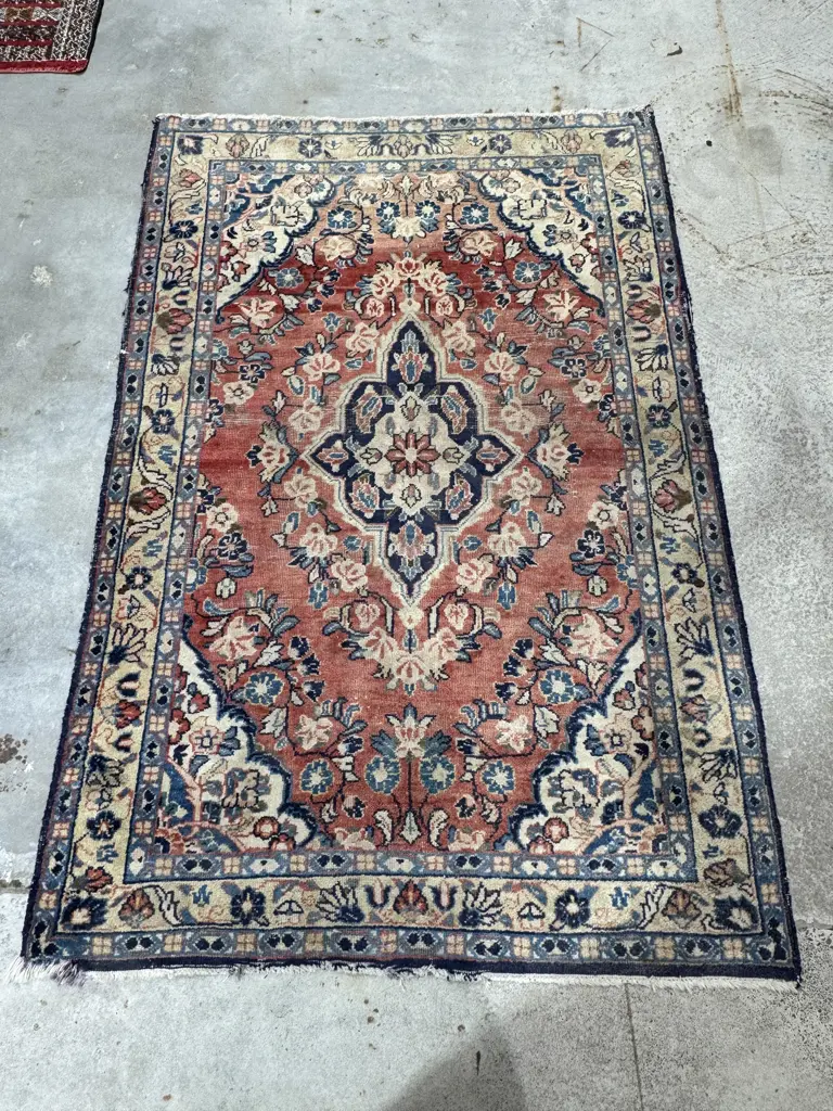 Vintage Persian Sarouk Hand Knotted Carpet w Colours of Deep Rose, Inky Blues & Beige Image 1++