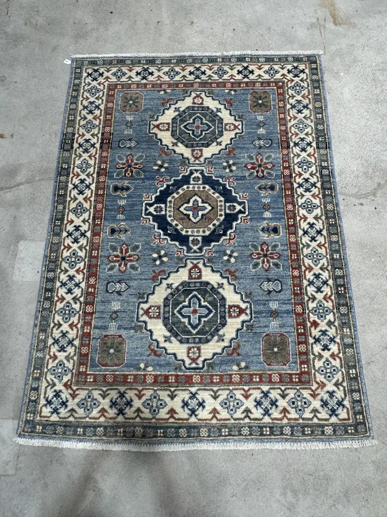 Vintage Persian Kazak Hand-Knotted Rug in Pale Blue & Burnt Sienna Tones Image 1++