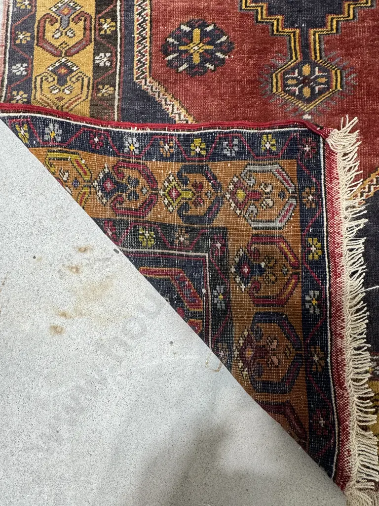 Vintage Hand Knotted Turkish Anatolian Rug in Ochre, Inky Blue & Mustard Image 1++