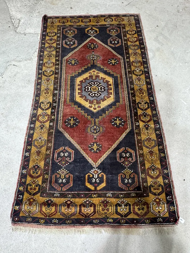 Vintage Hand Knotted Turkish Anatolian Rug in Ochre, Inky Blue & Mustard Image 1++