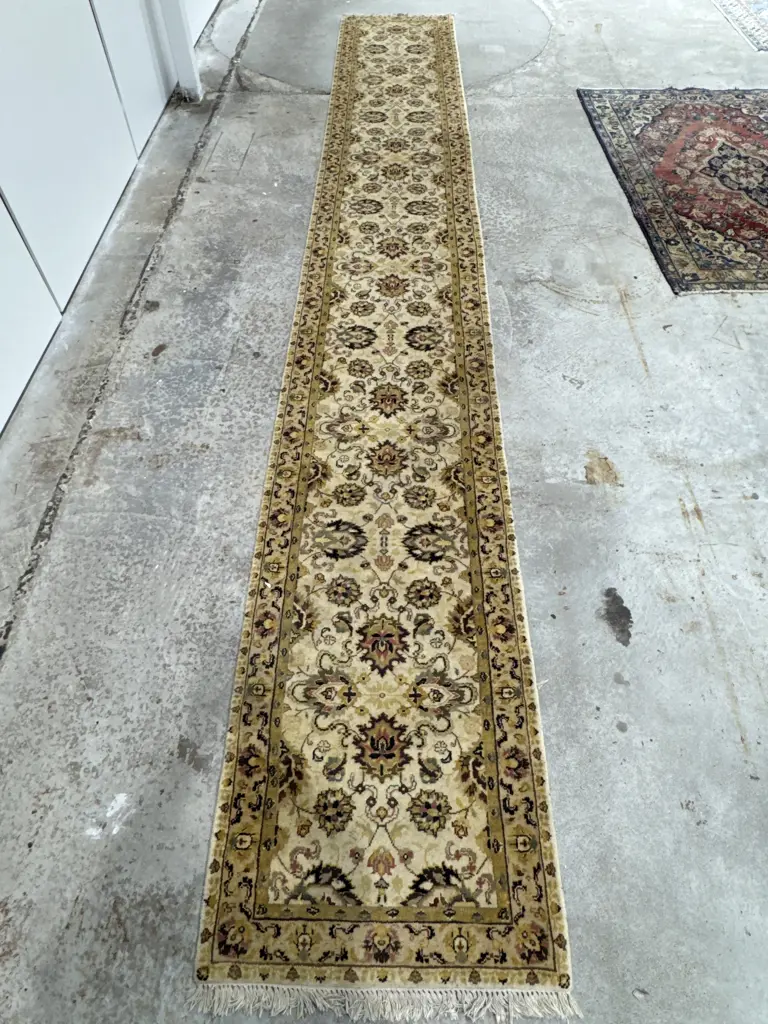 Extremely Long Hand Knotted Runner w an Ivory Field & Multi Coloured Floral Medallions in Muted Tones Image 1++