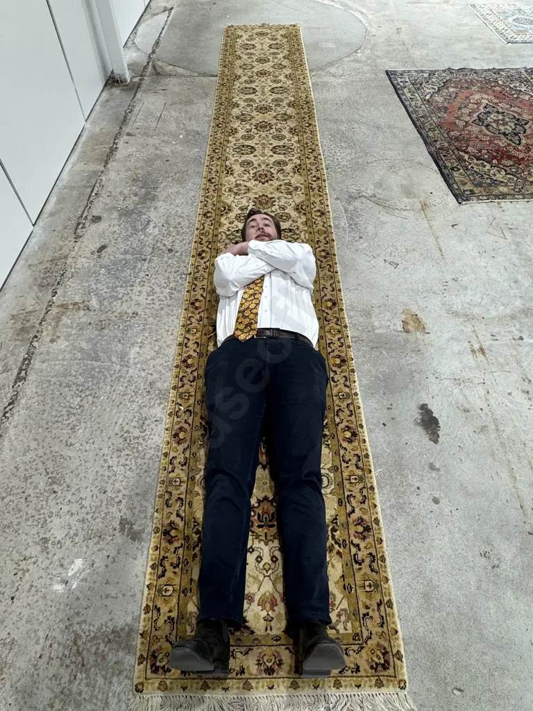 Extremely Long Hand Knotted Runner w an Ivory Field & Multi Coloured Floral Medallions in Muted Tones Image 1++
