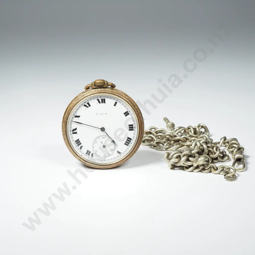 Vintage Open Face Elgin Rolled Gold Pocket Watch w Fob Chain Image 1++