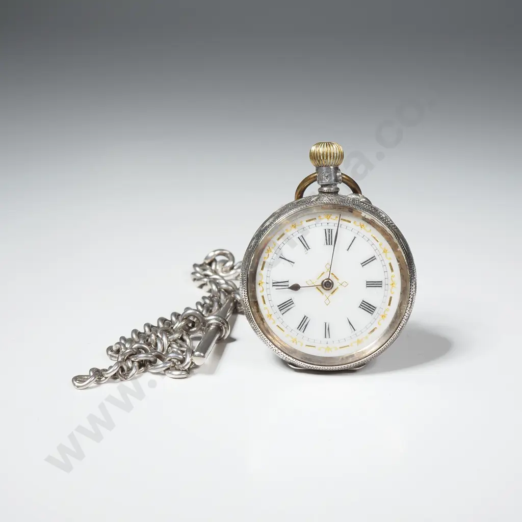 Antique Sterling Silver Pocket Watch on Sterling Silver Fob Chain Image 1++