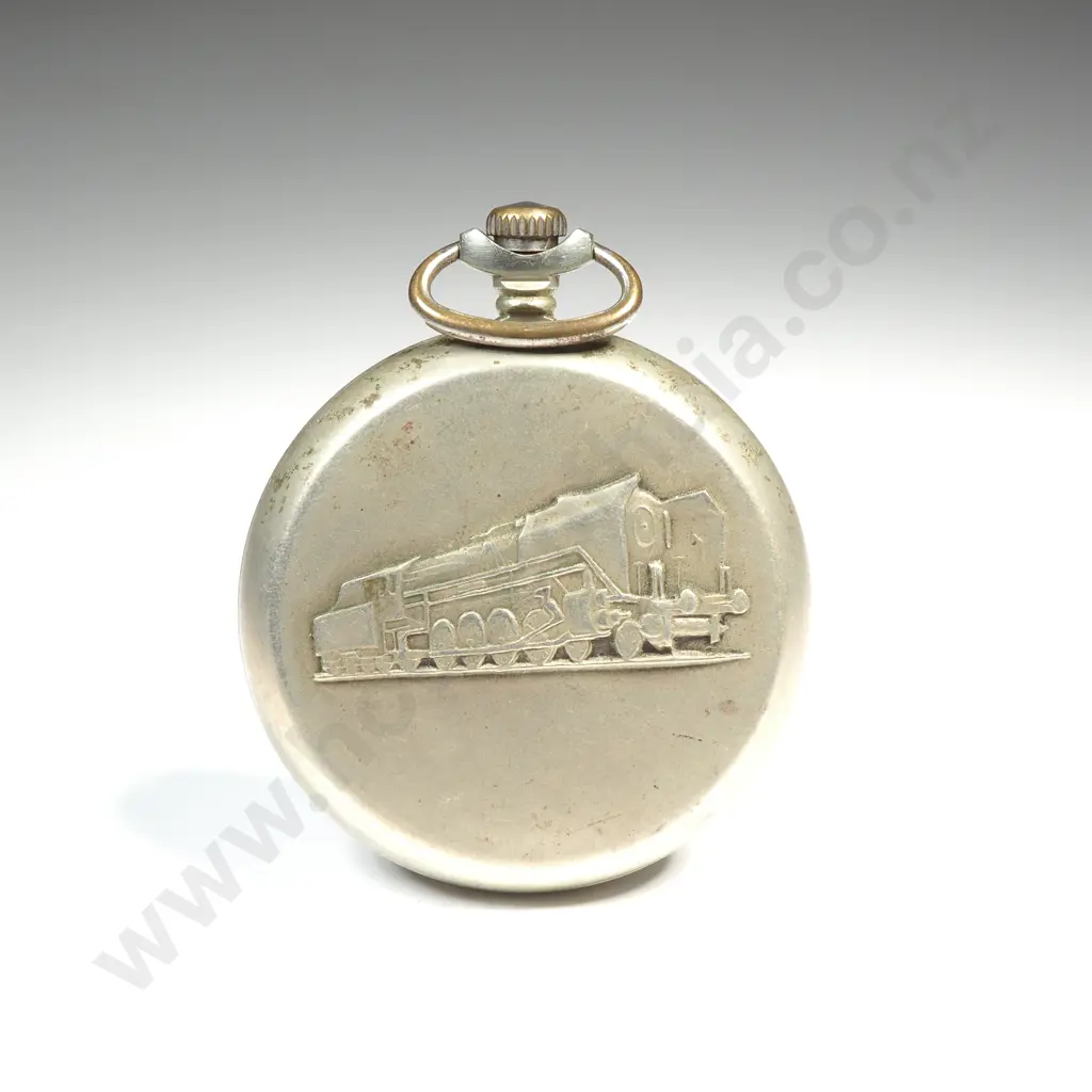 Molnija USSR Half Hunter Pocket Watch w a Railroad Steam Locomotive Engine on the Case Back Image 1++