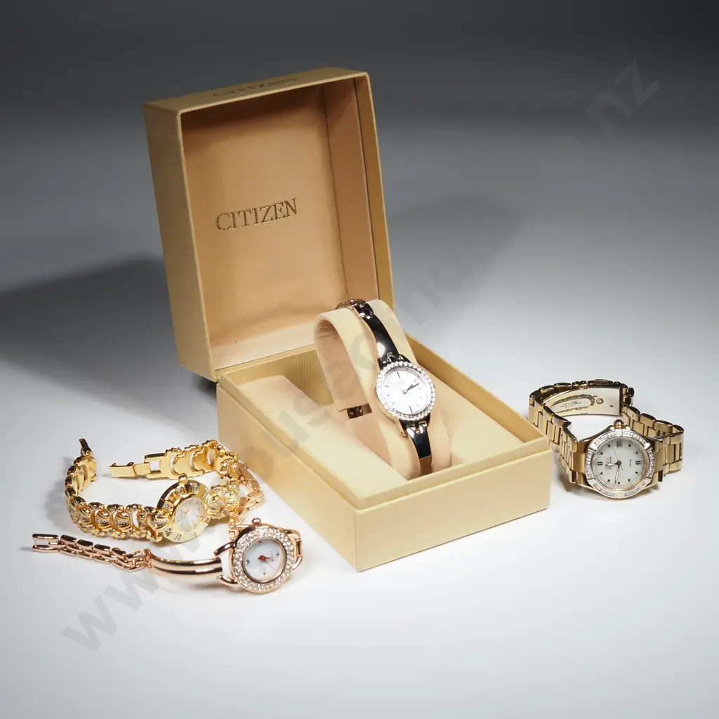 Two Ladies Citizen Dress Watches (One MIB) & Two Ladies Wrist Watches w White Stone Surrounds Image 1++