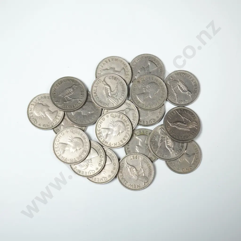 20 1957 New Zealand No Shoulder Strap Sixpence Coins Image 1++