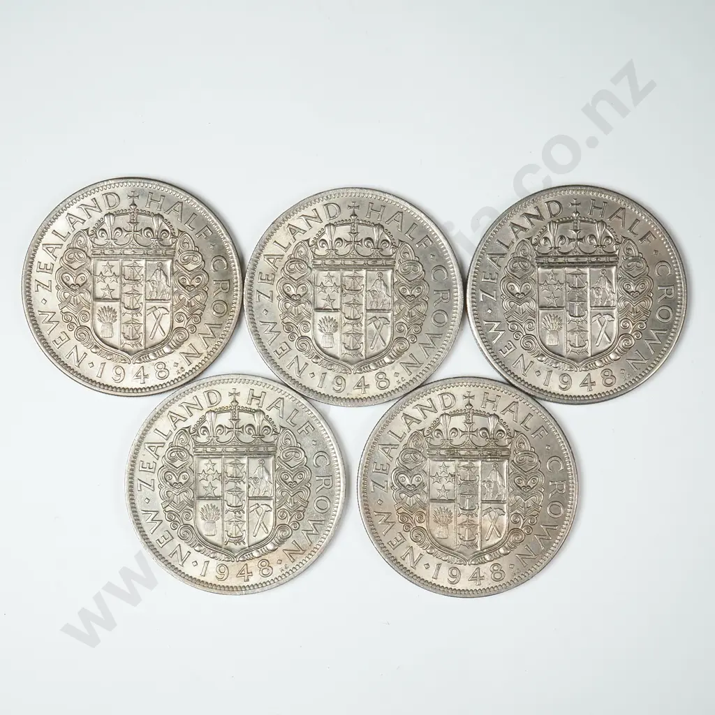 Five 1948 New Zealand Half Crowns EF Image 1++
