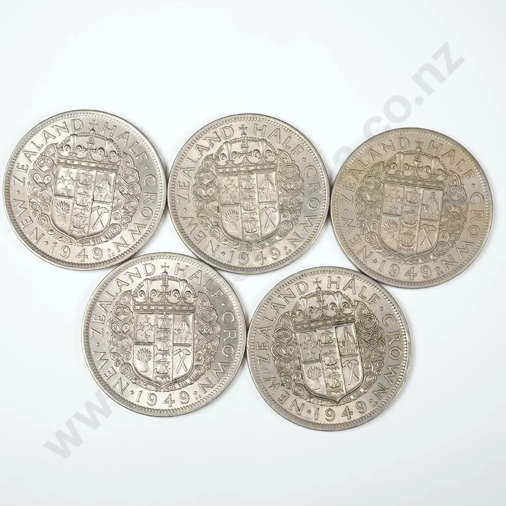 Five 1949 New Zealand Half Crowns EF Image 1++