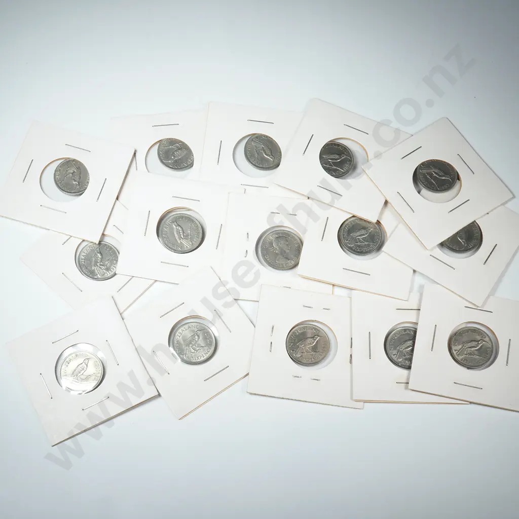 15 Carded New Zealand Sixpence Coins: 1950-1963 Image 1++