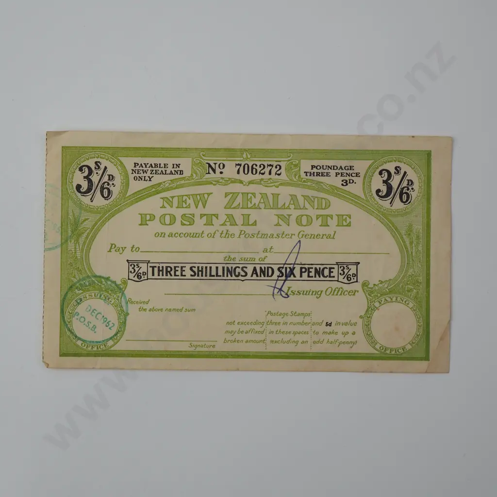 1962 New Zealand Postal Note - Three Shillings & Six Pence Image 1++
