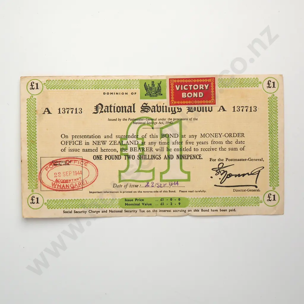 DOMINION OF NEW ZEALAND NATIONAL SAVINGS BOND FOR ONE POUND TWO SHILLINGS AND NINEPENCE, DATE OF ISSUE 22 SEPTEMBER 194 Image 1++