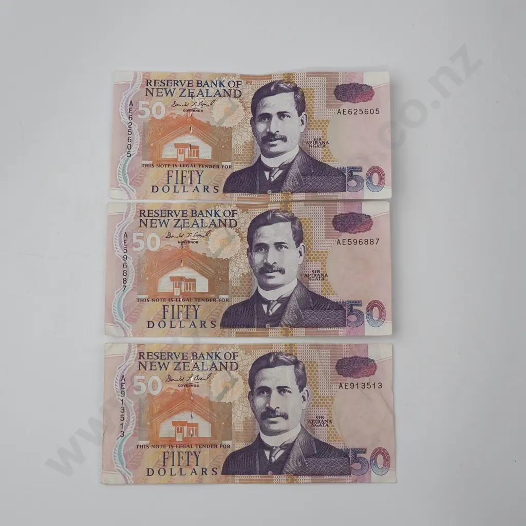 Three AE Prefix Brash Fifty Dollar Banknotes Image 1++