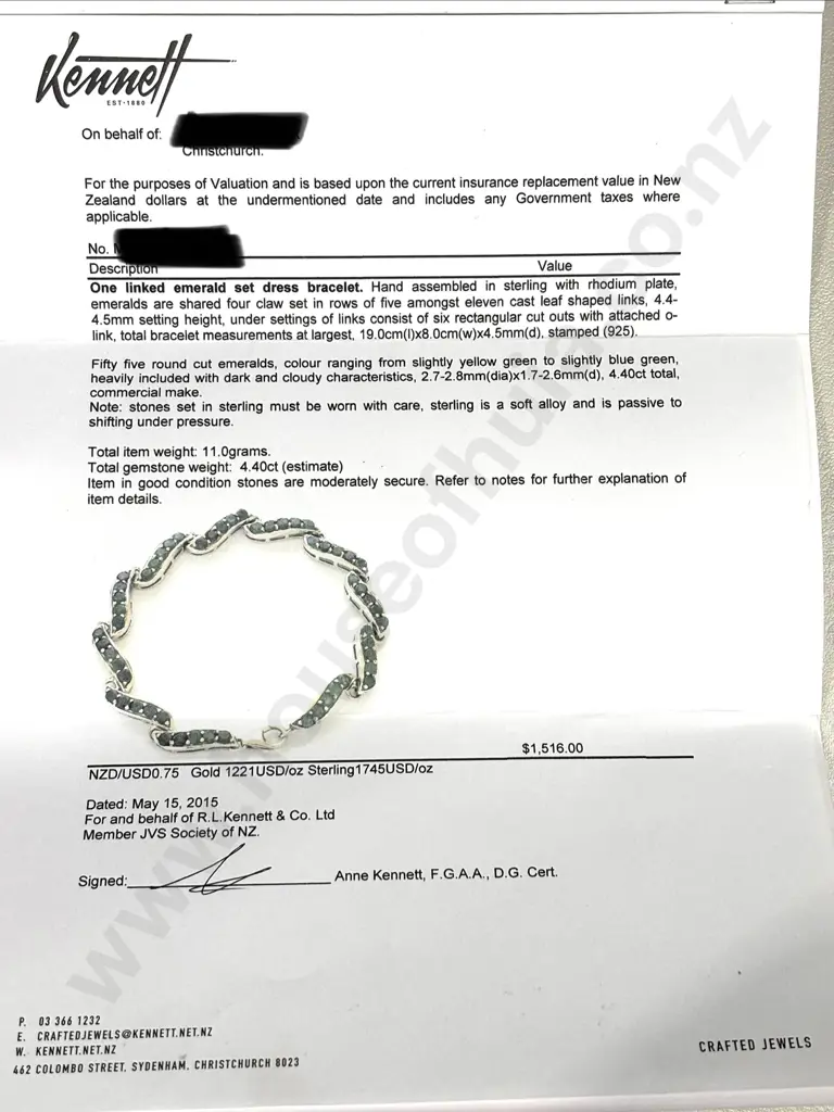 Sterling Silver & Emerald Bracelet w Valuation for $1,516.00 Image 1++