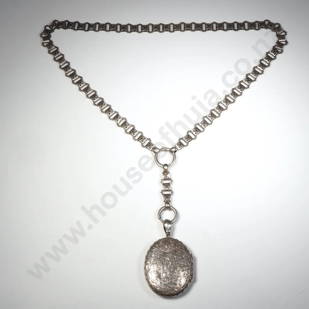 Antique Sterling Silver Engraved Locket With ‘Mayoral’ Chain, HM Chester 1880 Image 1++