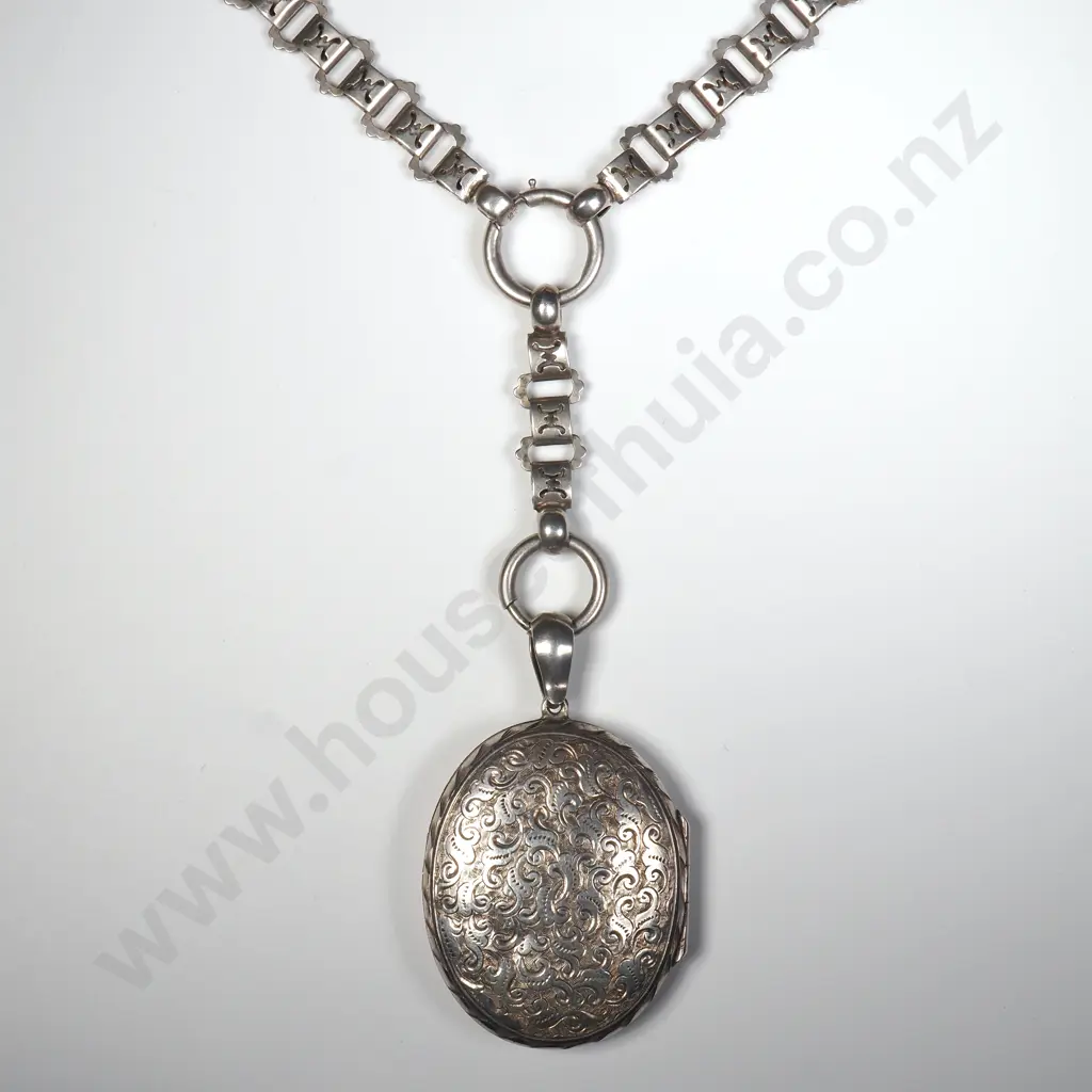 Antique Sterling Silver Engraved Locket With ‘Mayoral’ Chain, HM Chester 1880 Image 1++