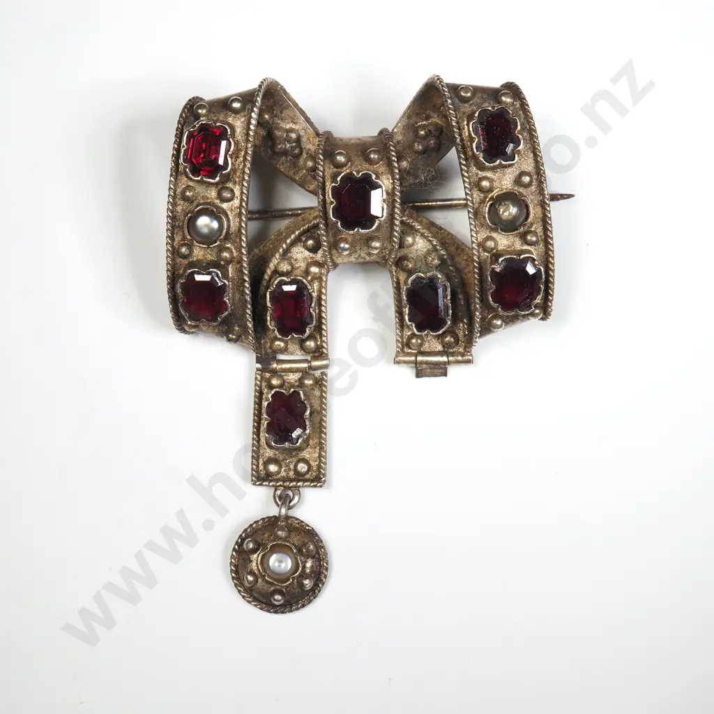 Large Antique Sterling Silver Brooch Set w Garnets & Pearls A/F Image 1++