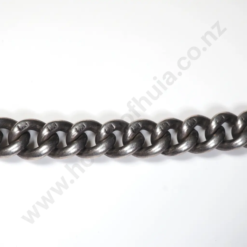 Antique Sterling Silver Double Albert Curb Link Chain w NZ Greenstone Pendant, HM Chester 1915-1916 Image 1++