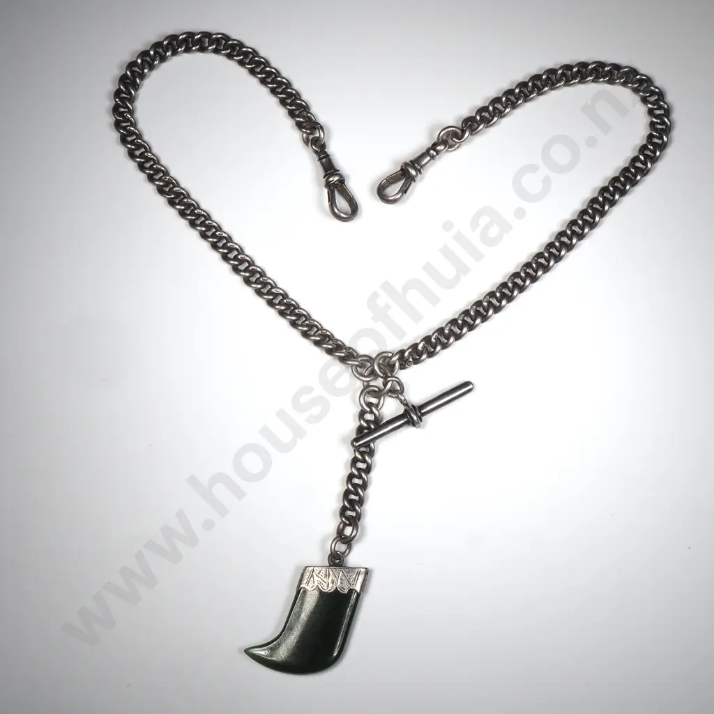 Antique Sterling Silver Double Albert Curb Link Chain w NZ Greenstone Pendant, HM Chester 1915-1916 Image 1++