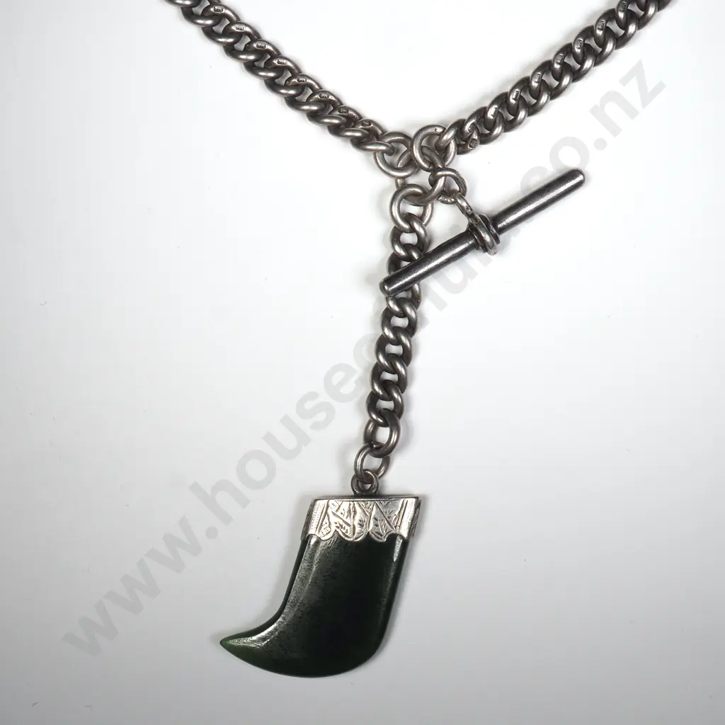 Antique Sterling Silver Double Albert Curb Link Chain w NZ Greenstone Pendant, HM Chester 1915-1916 Image 1++