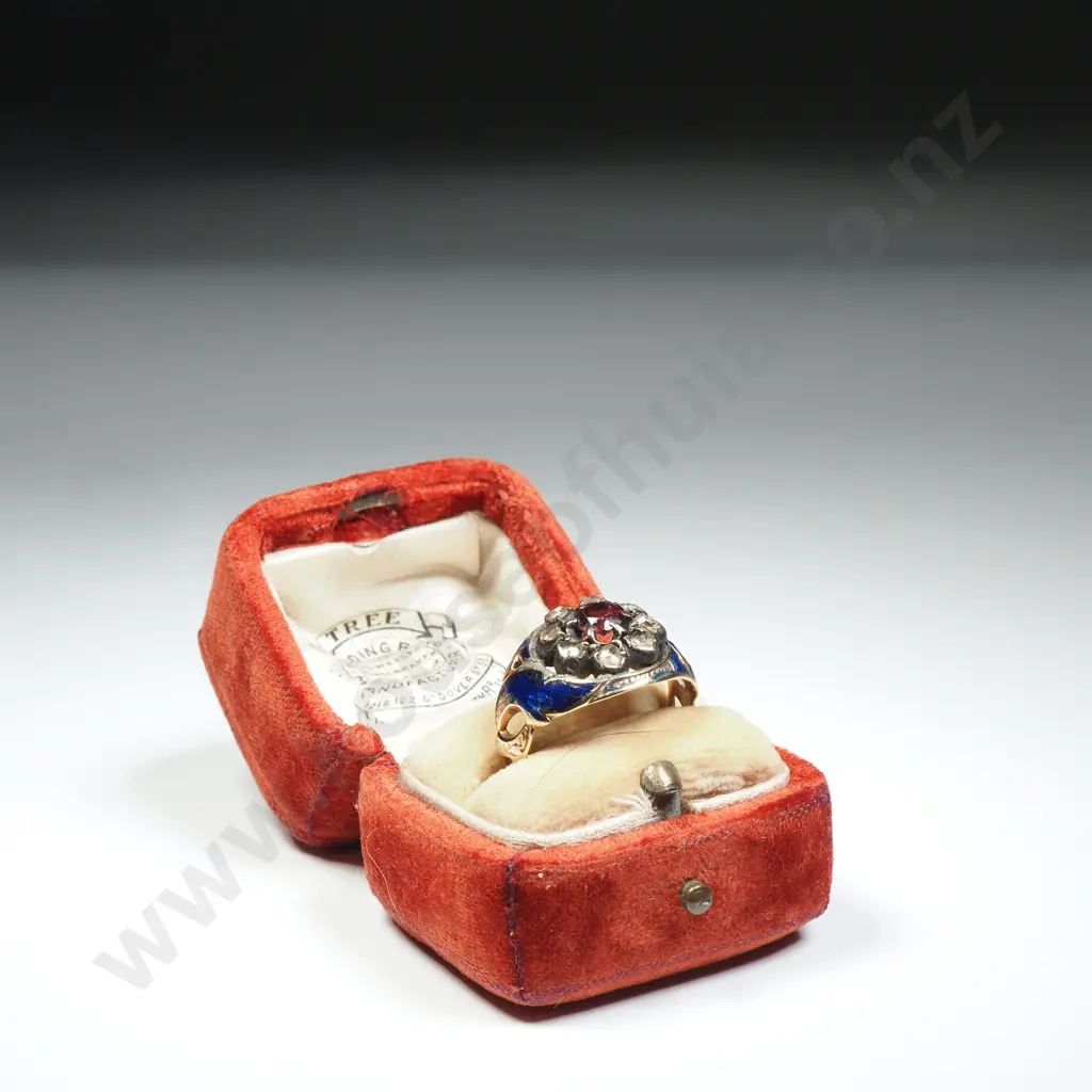 Exquisite 18ct Gold Enamel Diamond & Red Gem Ring in Antique Jewellers Ring Box Image 1++