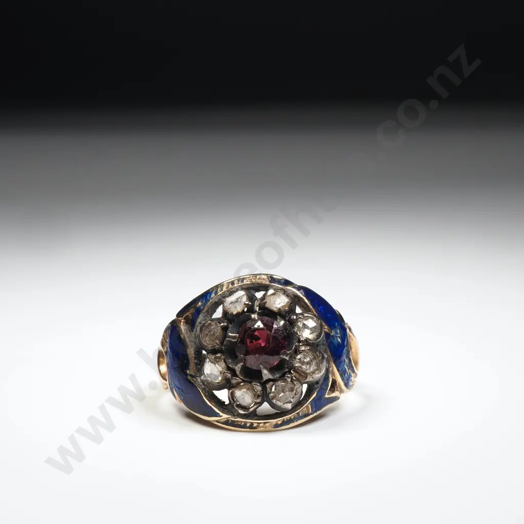 Exquisite 18ct Gold Enamel Diamond & Red Gem Ring in Antique Jewellers Ring Box Image 1++