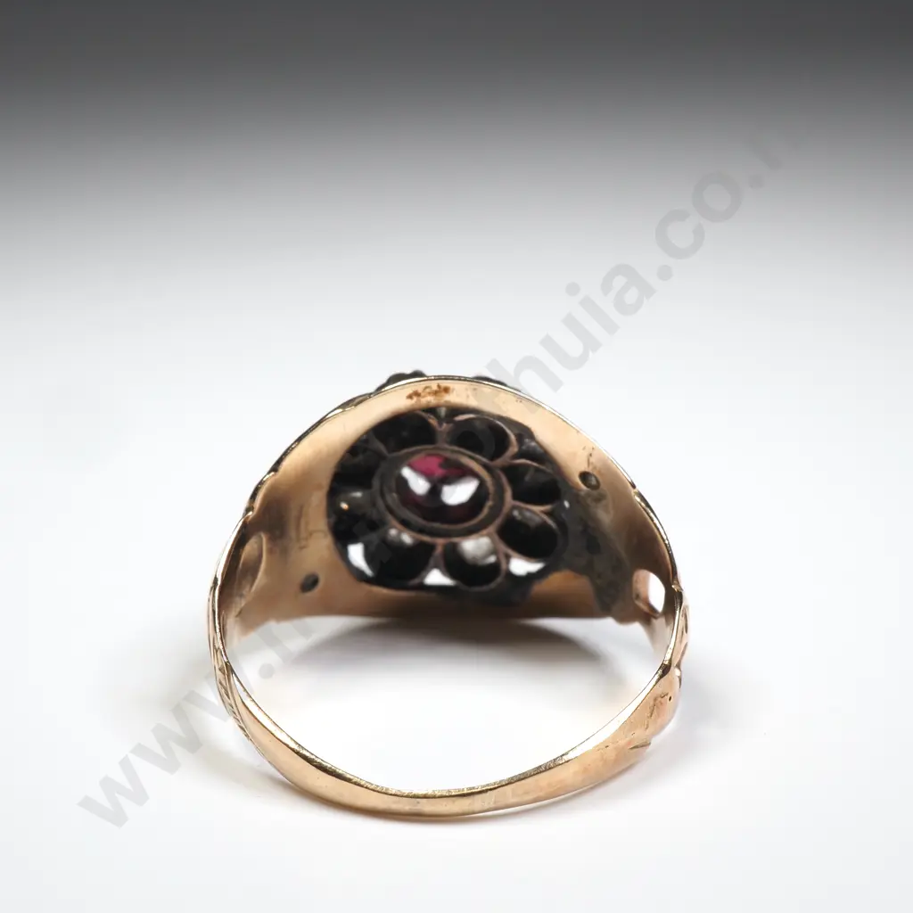 Exquisite 18ct Gold Enamel Diamond & Red Gem Ring in Antique Jewellers Ring Box Image 1++