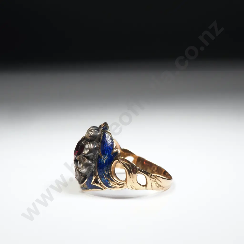 Exquisite 18ct Gold Enamel Diamond & Red Gem Ring in Antique Jewellers Ring Box Image 1++