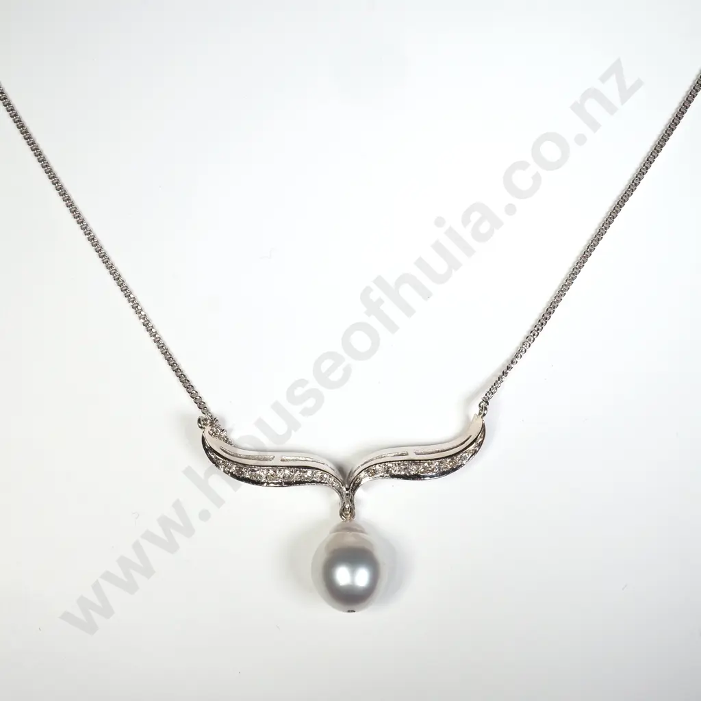 Stunning 14ct White Gold Diamond South Sea Pearl Necklace / Pendant w Valuation for $3,600.00 Image 1++